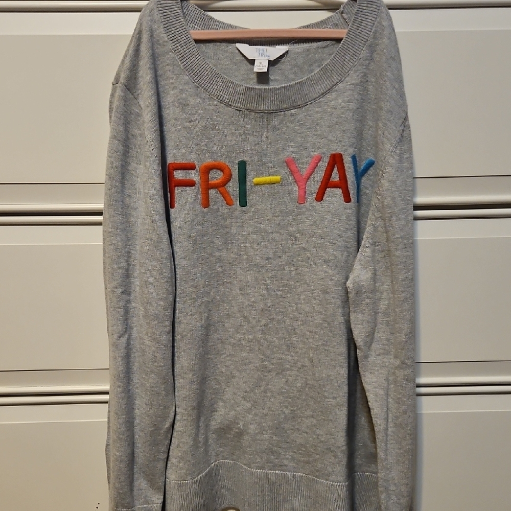 Time and Tru Gray Crew Neck Sweater with Multicolor Letters